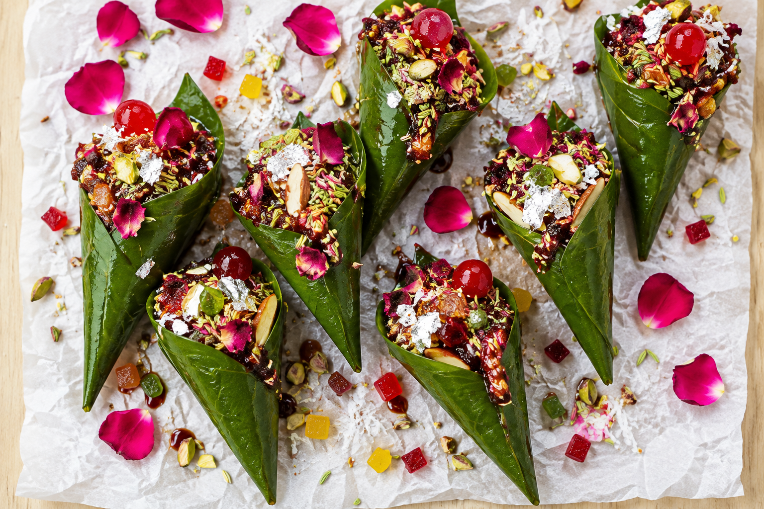 Paan topped with berries and edible flowers